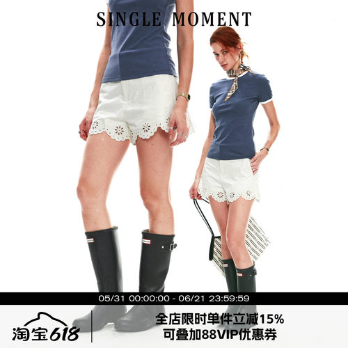 SINGLE MOMENT 26SS夏季法式休闲百搭镂空绣花度假花边短裤女