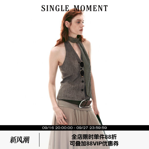 SINGLE MOMENT 26SS法式复古简约粗纺挂脖修身无袖背心马甲上衣女