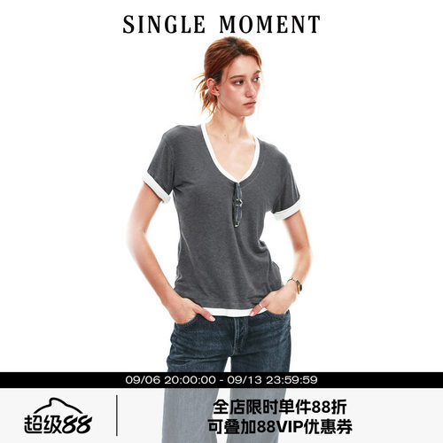 SINGLE MOMENT 26SS夏季法式V领假两件翻边袖口修身T恤短袖上衣女