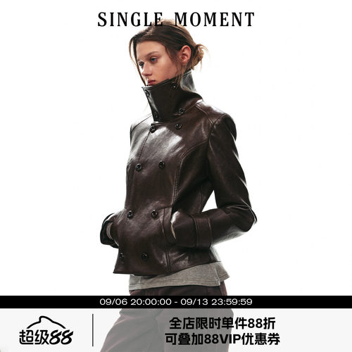 SINGLE MOMENT 26AW法式复古高领双排扣短款修身收腰外套上衣女秋