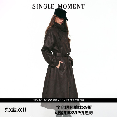 SINGLE MOMENT 26AW法式通勤复古蜡感双排扣立领长款风衣外套女