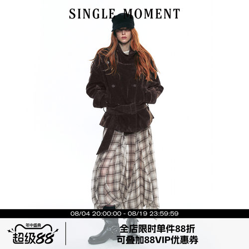 SINGLE MOMENT 25AW法式复古植绒大立领短款双排扣系腰风衣外套女