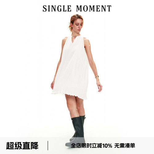 SINGLE MOMENT 26SS夏季法式V领压褶无袖连衣裙宽松休闲A字裙女