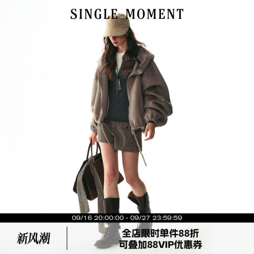 SINGLE MOMENT 25AW法式冬季羊毛短款下摆可调节连帽双面呢外套女