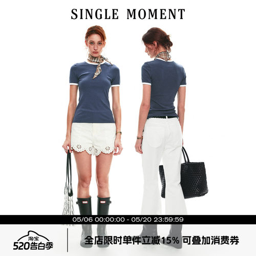 SINGLE MOMENT 26SS法式夏季果冻色撞领针织短袖T恤修身上衣女