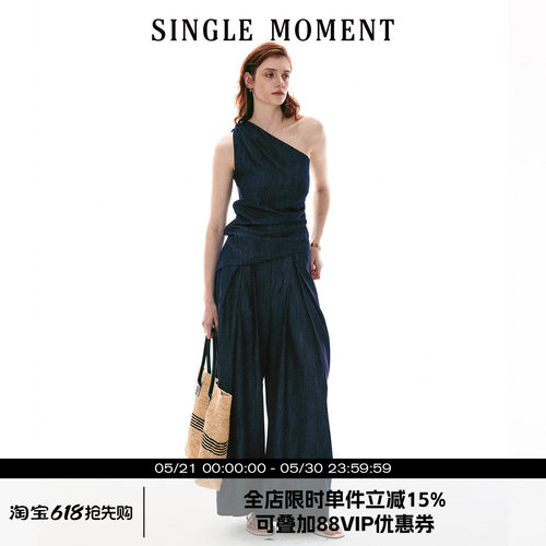 SINGLE MOMENT 26SS法式复古斜肩修身显瘦无袖上衣背心西裤套装女
