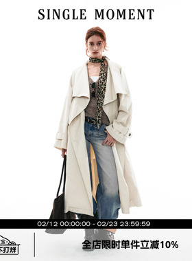 SINGLE MOMENT 26SS法式复古做旧大翻领长款风衣宽松外套上衣女
