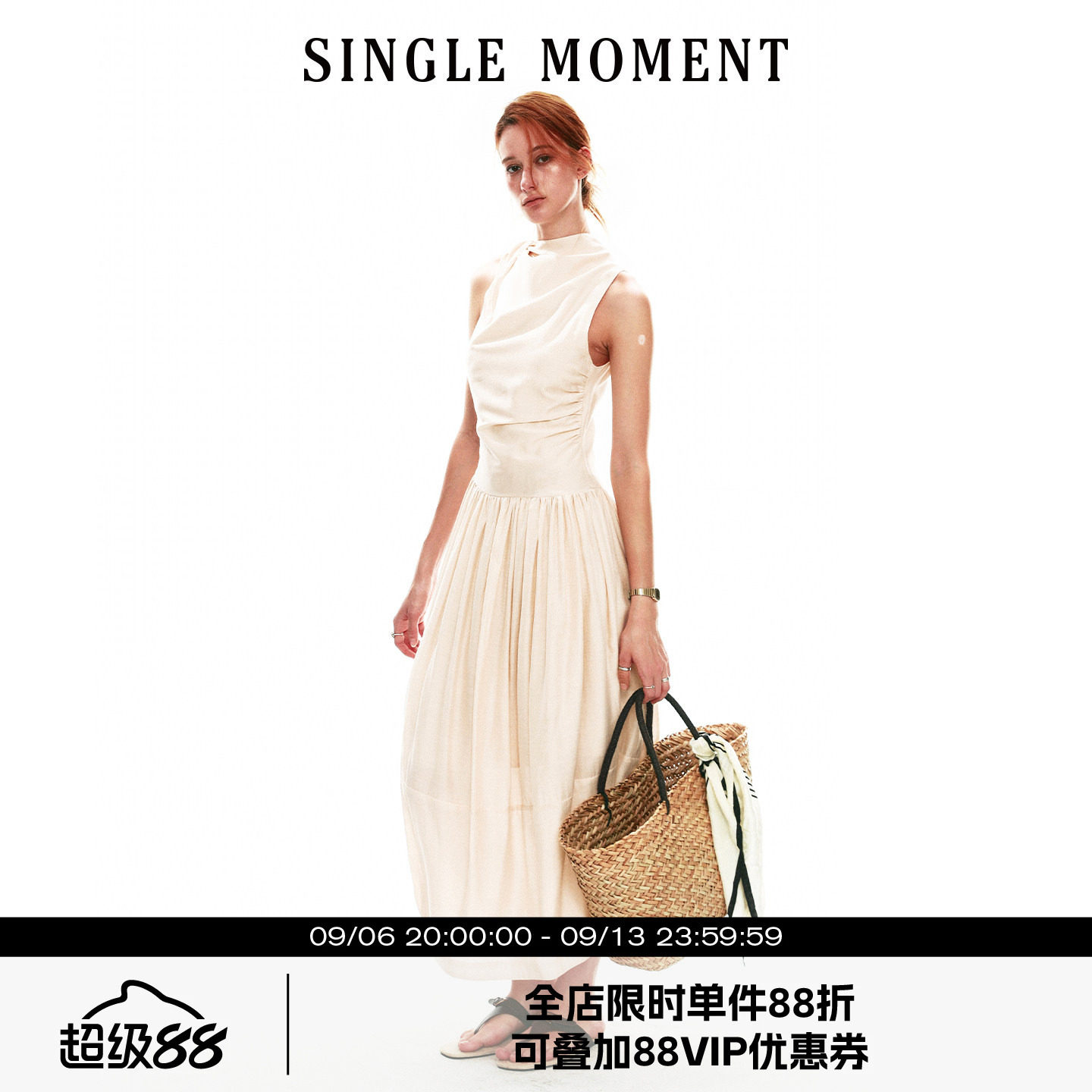 SINGLE MOMENT 26SS夏季法式休闲修身系带茧型空气感花苞连衣裙女图片