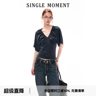 SINGLE MOMENT 26SS法式夏季休闲抽褶V领蝙蝠袖T恤上衣宽松短袖女