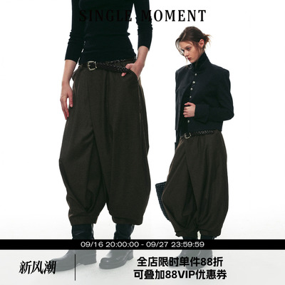 SINGLE MOMENT 26AW法式通勤摩登搭褶不规则褶裥七分裤休闲裤女