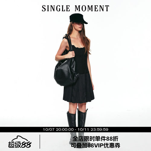 SINGLE MOMENT 26AW法式秋季复古U领木耳边压褶吊带背心连衣裙女