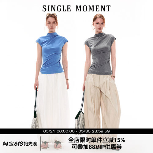 SINGLE MOMENT 26SS法式夏季半高领小飞袖修身褶皱T恤无袖上衣女