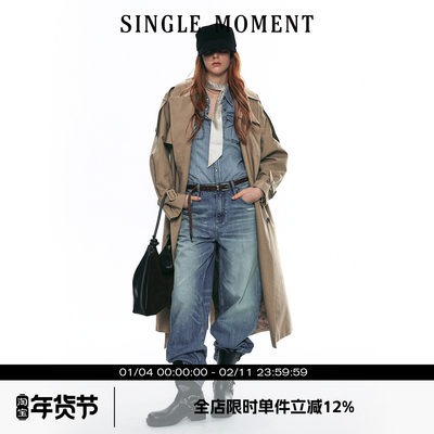 SINGLE MOMENT 25AW法式气质高级感双面缎纹大翻领长款风衣外套女