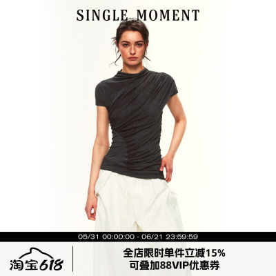 SINGLE MOMENT 26SS夏季法式休闲小高领抽皱修身T恤短袖上衣女