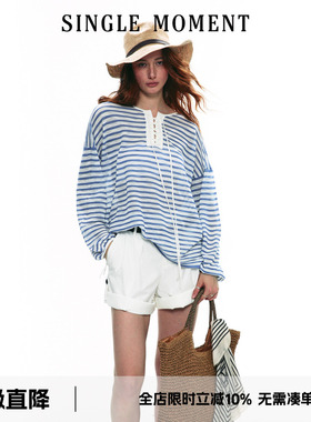 SINGLE MOMENT 2025SS夏季度假法式条纹针织防晒透气长袖T恤上衣