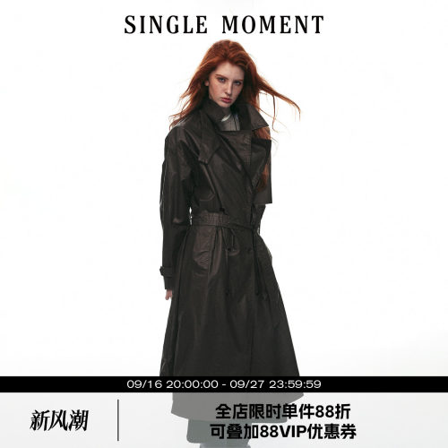 SINGLE MOMENT 26AW复古经典英伦风蜡感双排扣长款休闲风衣外套女