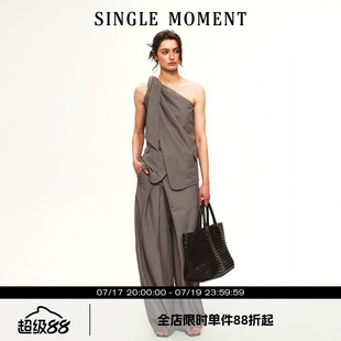 SINGLE MOMENT 26SS夏季法式斜肩打结不对称西装式抹胸上衣女