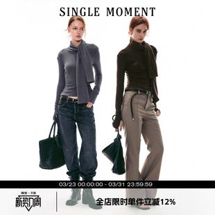 质感高领绑带针织坑条长袖 26SS法式 套头T恤上衣女 MOMENT SINGLE