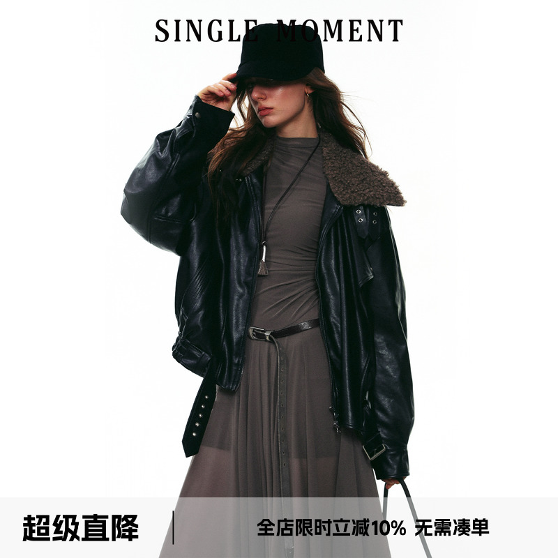 SINGLE MOMENT 25AW法式时尚机车PU皮黑色叠门襟毛领皮衣夹克女冬