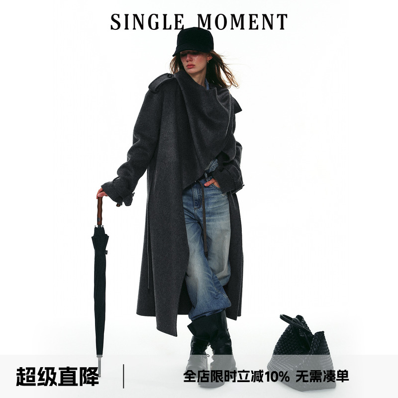 SINGLE MOMENT 25AW法式高级感气质披肩长款羊毛风衣大衣外套女
