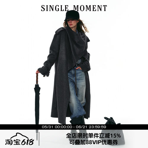 SINGLE MOMENT 25AW法式高级感气质披肩长款羊毛风衣大衣外套女