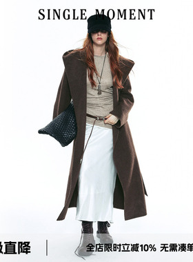 SINGLE MOMENT 25AW法式冬季复古羊毛连帽斗篷双面呢大衣长外套女
