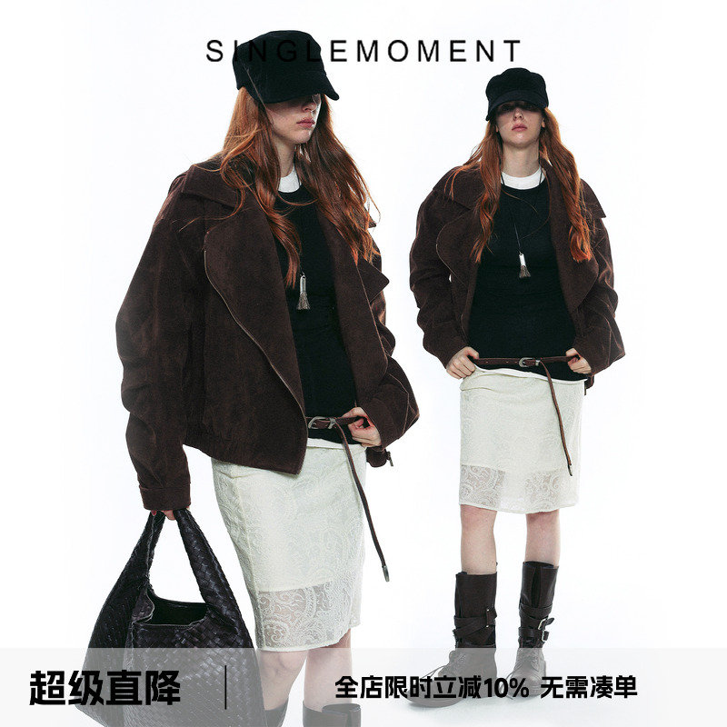 SINGLE MOMENT 25AW法式复古短款麂皮绒翻领夹克外套工装上衣女