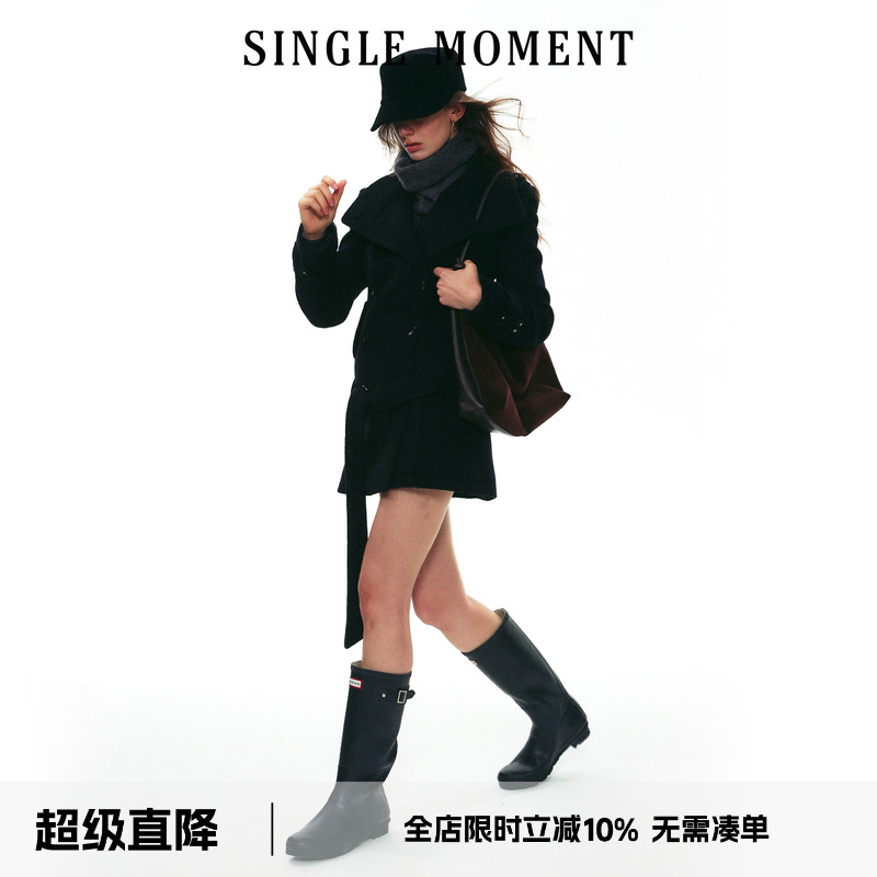 SINGLE MOMENT 25AW法式经典双排扣正肩中长款羊毛呢子大衣外套女