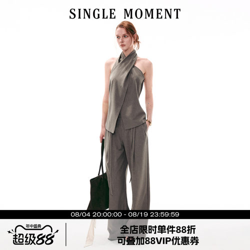 SINGLE MOMENT 26SS法式复古交叉领挂脖无袖上衣直筒休闲西裤套装