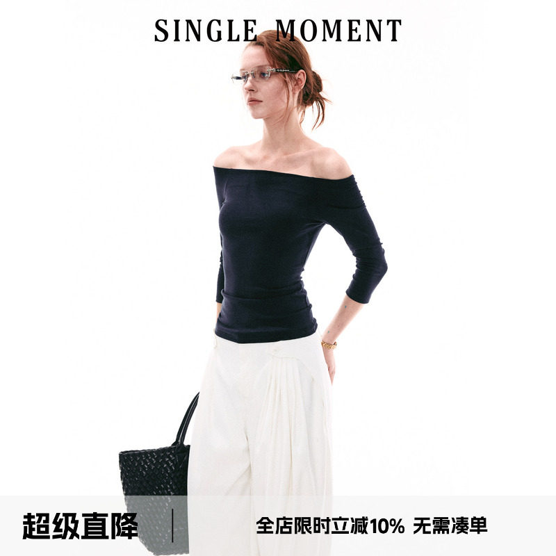 SINGLE MOMENT 26SS法式基础百搭一字领露肩5分袖修身T恤上衣女图片