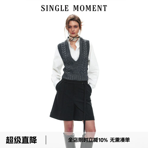 SINGLE MOMENT 26AW法式通勤复古深v扭花毛织毛衣宽松套头背心女