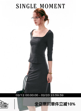 SINGLE MOMENT 26SS法式方领通勤修身显瘦五分袖上衣T恤套装女