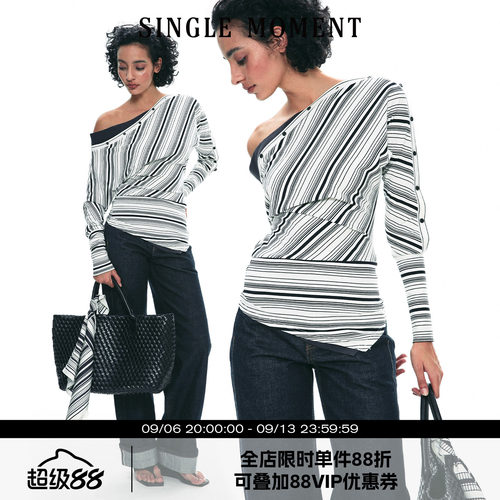 SINGLEMOMENT斜肩假两件打底衫