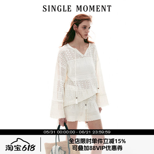 SINGLE MOMENT 26SS法式海边度假风钩针休闲长袖套头罩衫套装女