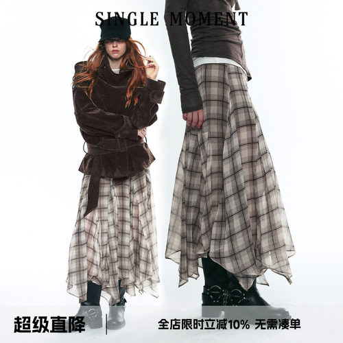 SINGLE MOMENT 25AW秋季苏格兰风飘逸感格纹不对称半身裙长裙女