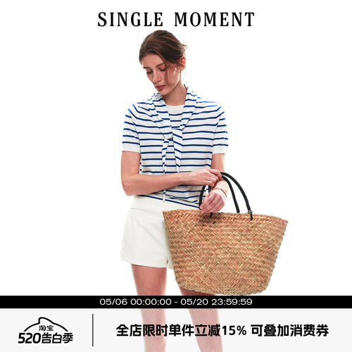 SINGLE MOMENT 26SS法式复古海军风修身条纹围巾系带针织衫短袖女