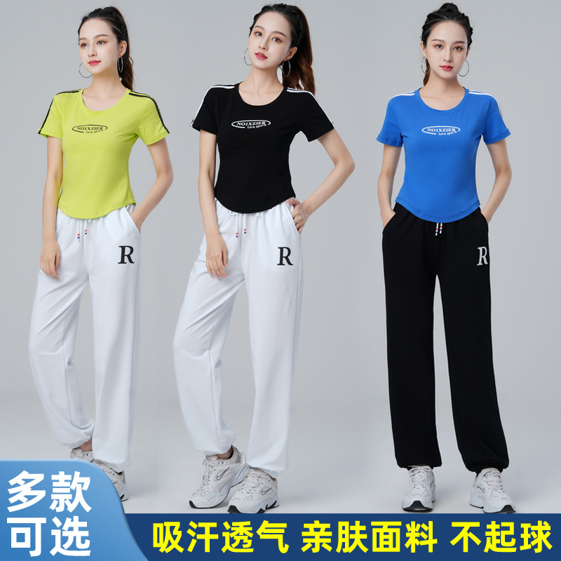 广场舞服装新款套装纯棉燕尾短袖灯笼裤运动健身操团队舞蹈跳舞