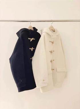 现货 羊毛羊驼毛牛角扣连帽毛呢大衣女2025秋冬宽松显瘦外套oun*e