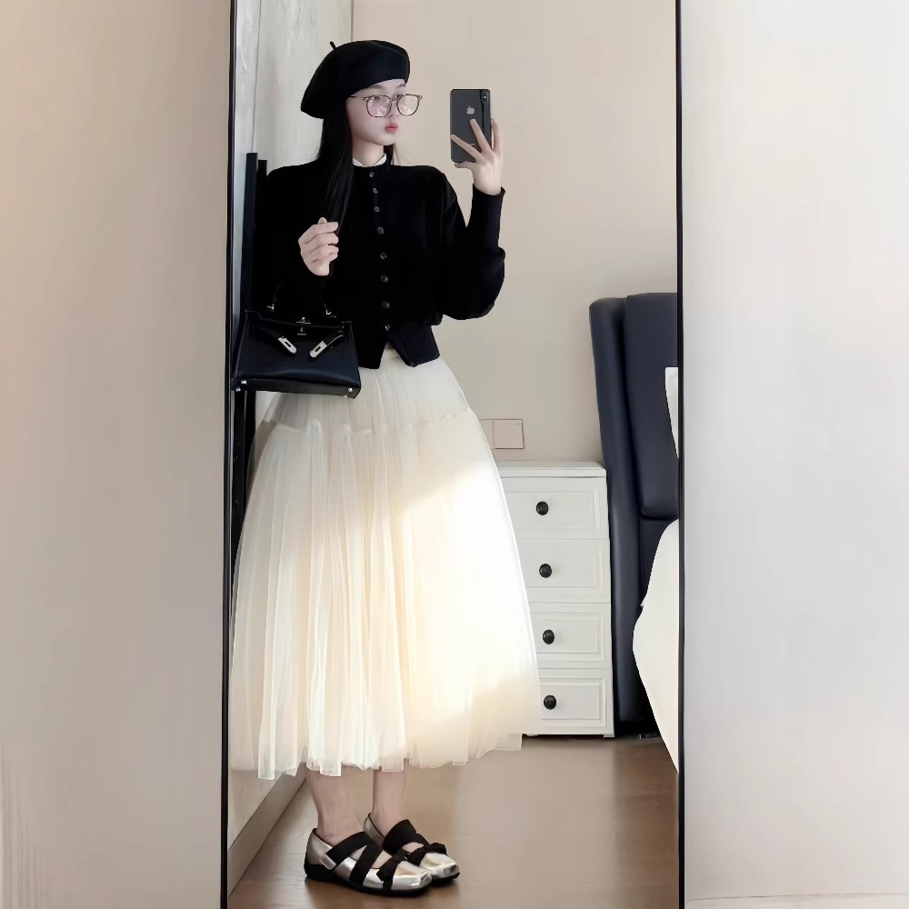 设计感假两件拼接开衫外套女春季芭蕾风网纱半身裙两件套百搭