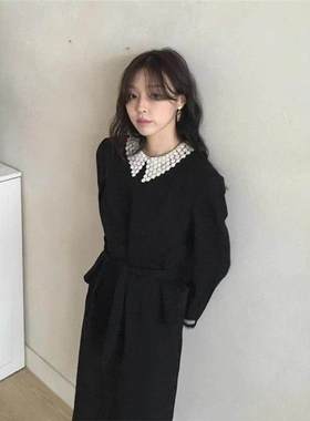现货 黑色撞色雏菊领连衣裙2025春韩系ins长袖裙子overdue fla*r