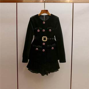 丝绒套装 宫廷风复古钻扣外套A字裙裤 女 秋冬新款 深圳南油高端女装