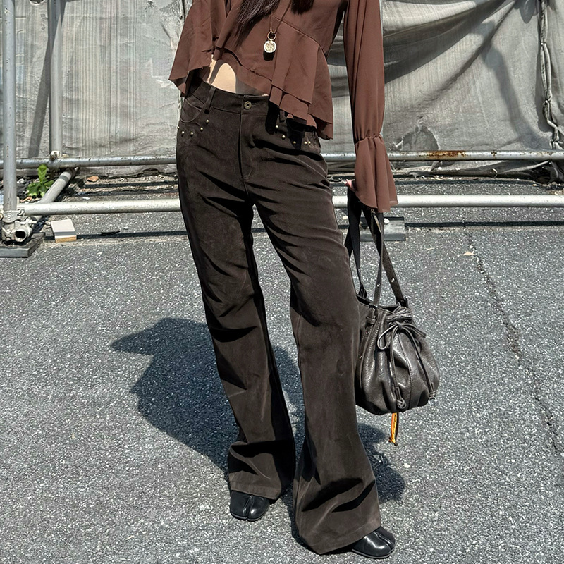 MMFISH时髦街头复古做旧铆钉微喇休闲裤仿PU修身麂皮绒长裤25K593