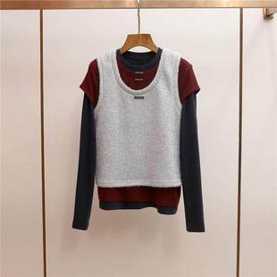 宽松圆领T恤上衣 减龄设计感假三件长袖 深圳南油高端女装 秋冬新款