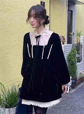 现货 fl*tta黑色丝绒连衣裙女高级感2024秋冬新款法式长袖裙子