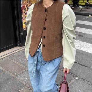 单排扣马夹上衣eth 现货 女经典 马甲2025秋款 复古咖色麂皮绒无袖