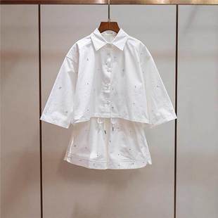 重工钉珠翻领不规则衬衫 法式 上衣 A字阔腿短裤 女 S家夏季 套装 新款