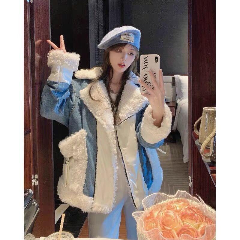 冬季牛仔棉服女2025年新款韩版宽松羊羔毛棉衣加厚外套ins潮