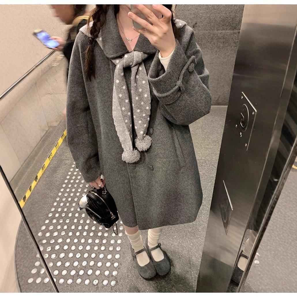 波点艺术家 翻领双排扣毛呢大衣女冬中长款夹棉呢子外套