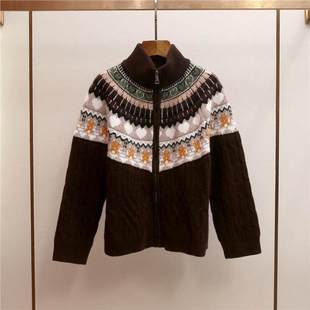 开衫 深圳南油高端女装 百搭复古费尔撞色立领毛衣针织衫 新款 女 冬季