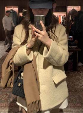 现货 羊毛毛呢2025秋冬新款女款韩系纯色气质单排扣西装外套oun*e